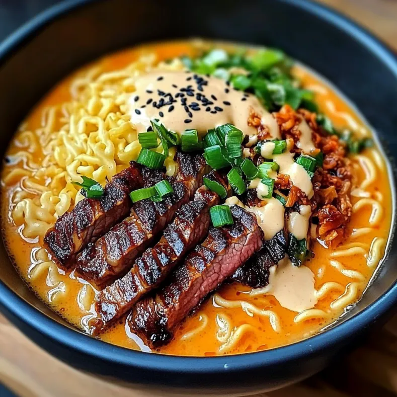 Spicy Korean Ramen with Grilled Beef & Creamy Sauce