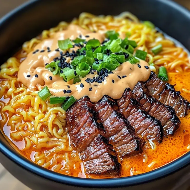 Spicy Korean Ramen with Grilled Beef & Creamy Sauce