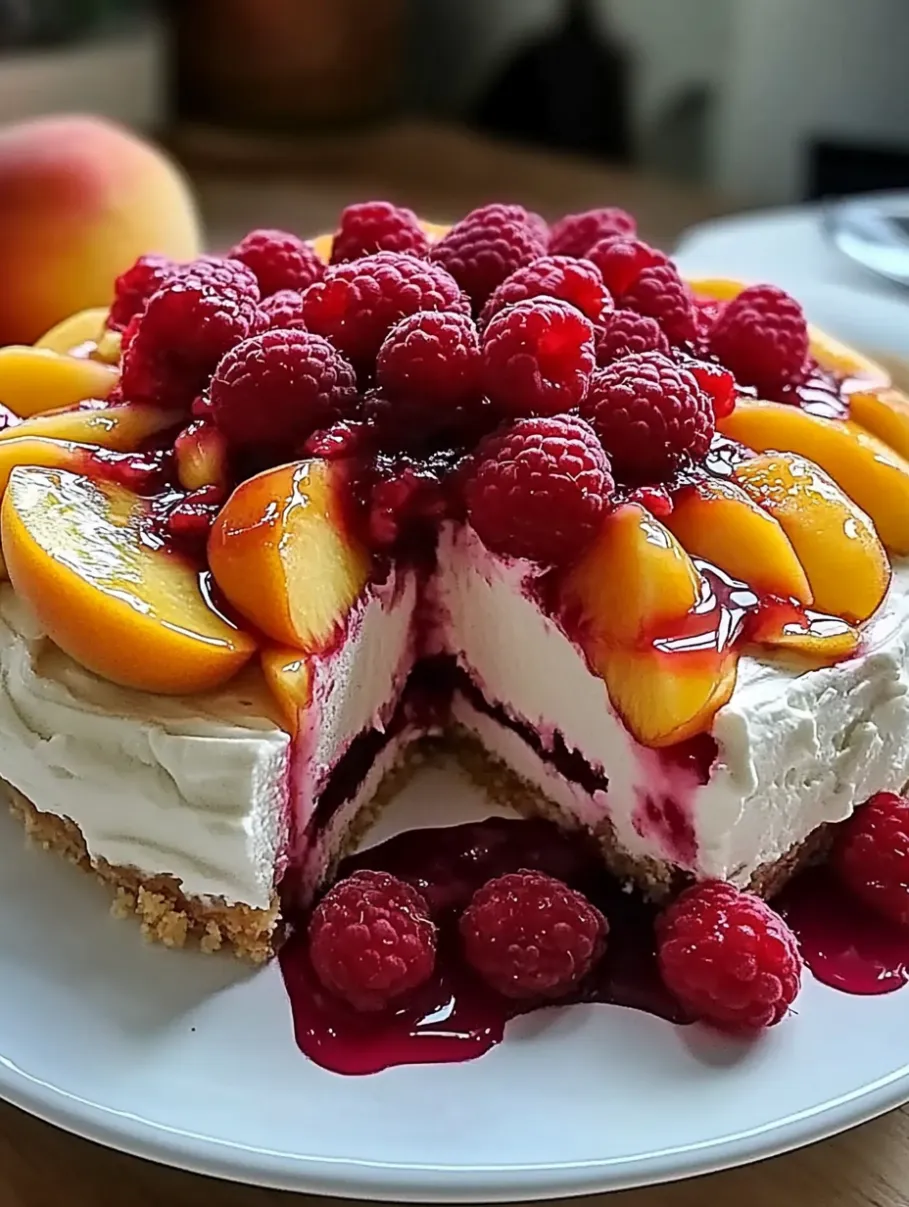 Summer Bliss Peach and Raspberry Cheesecake Delight