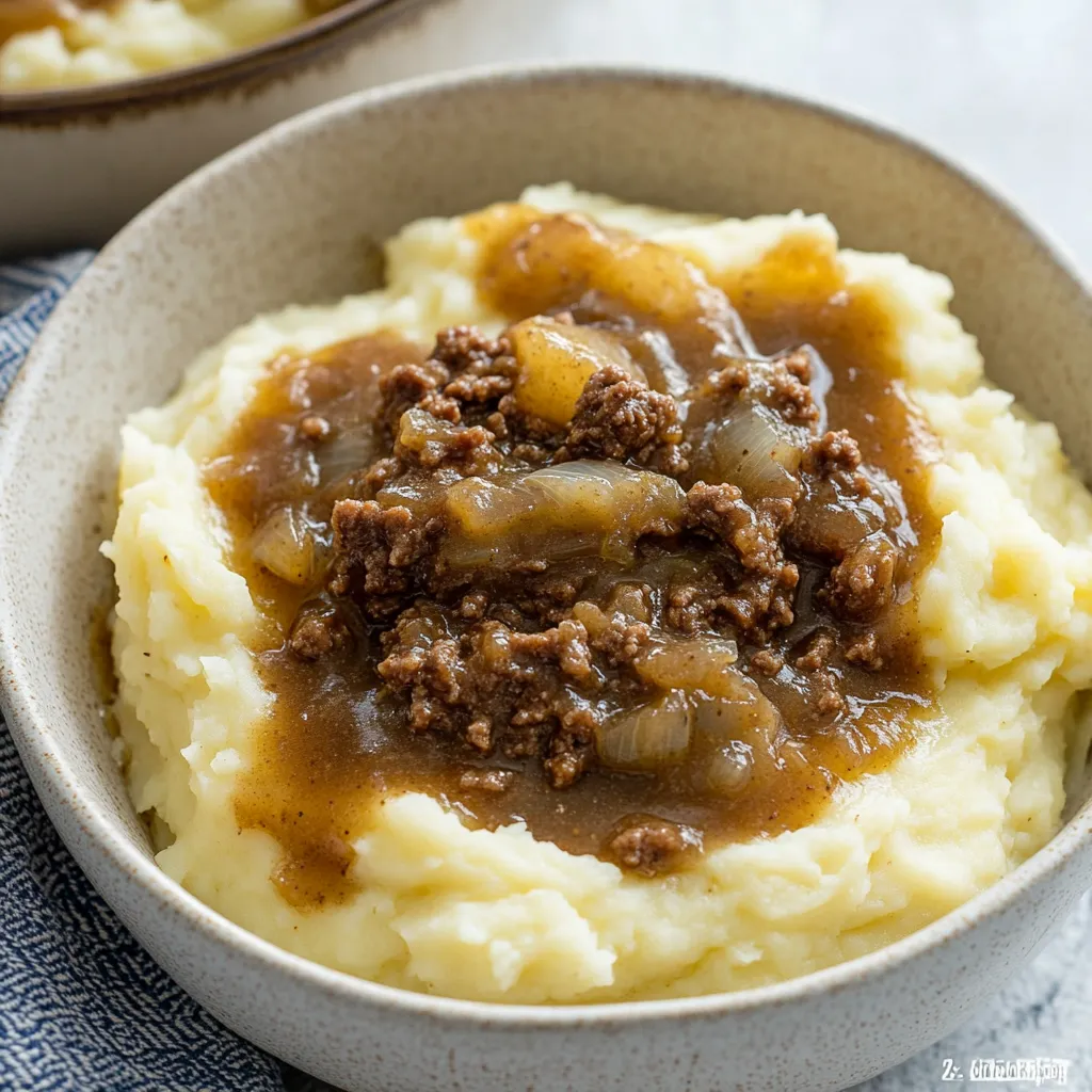 Ground Beef and Gravy Over Mashed Potatoes