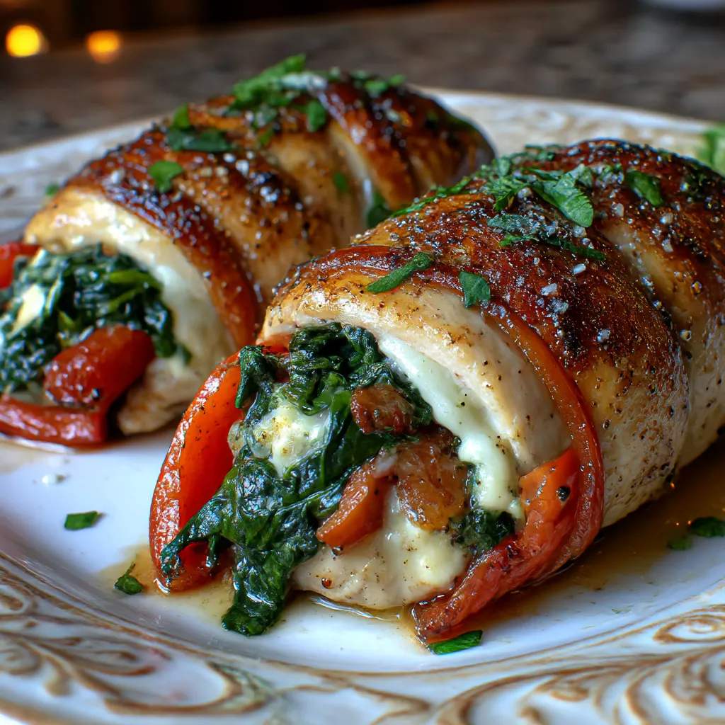 Roasted Red Pepper, Spinach, and Mozzarella Stuffed Chicken