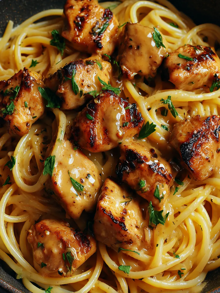 A bowl of pasta with chicken and herbs.