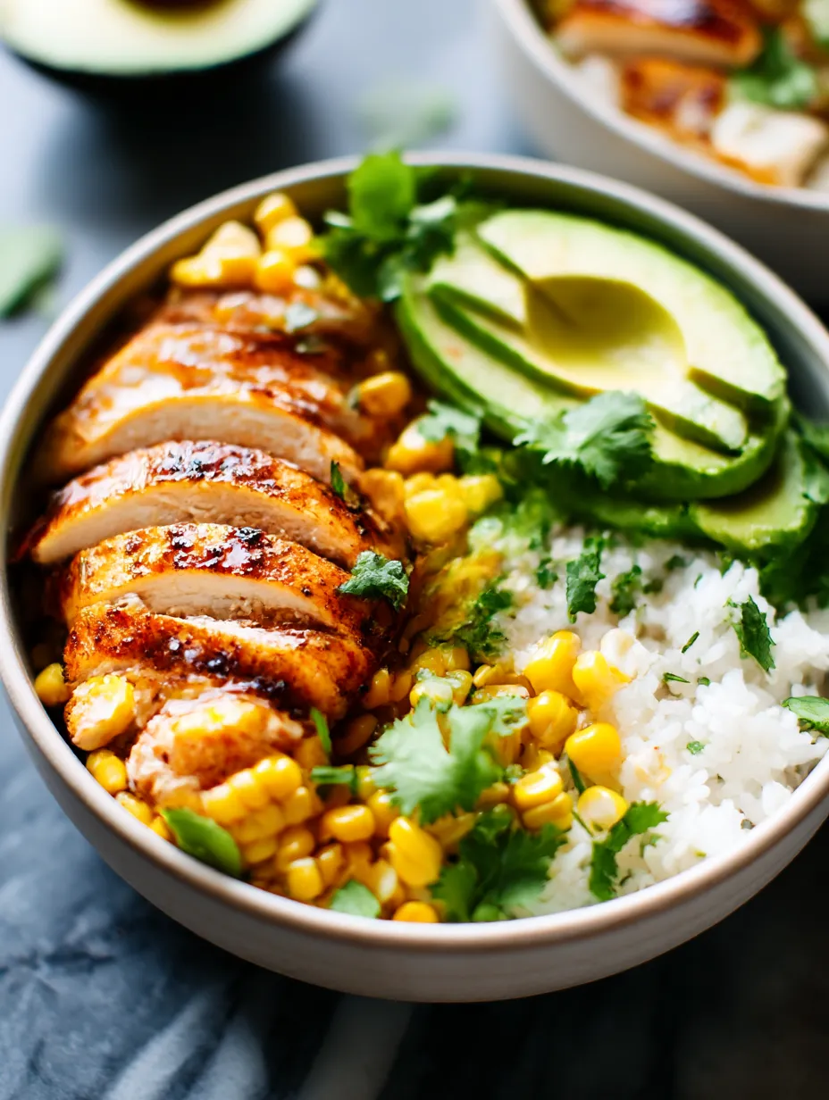 A bowl of food with rice, chicken, corn, and avocado.
