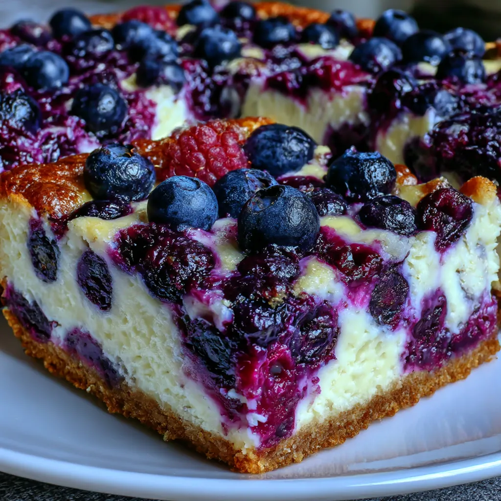A slice of blueberry cottage cheese breakfast bake.