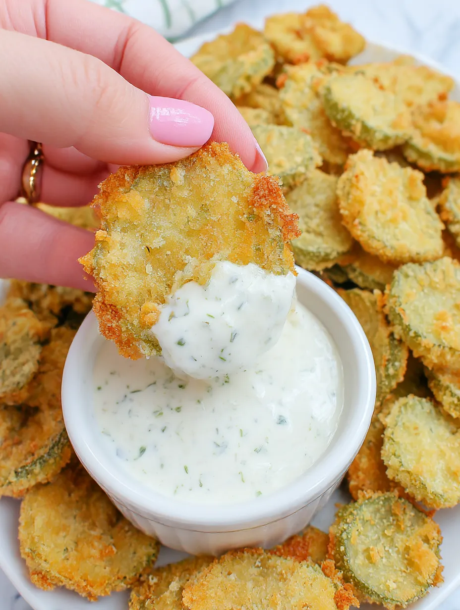 A person is dipping a piece of fried pickle into a bowl of sauce.