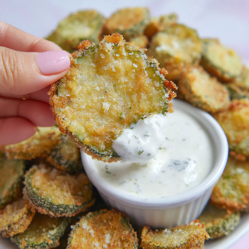 A person holding a piece of fried pickle.