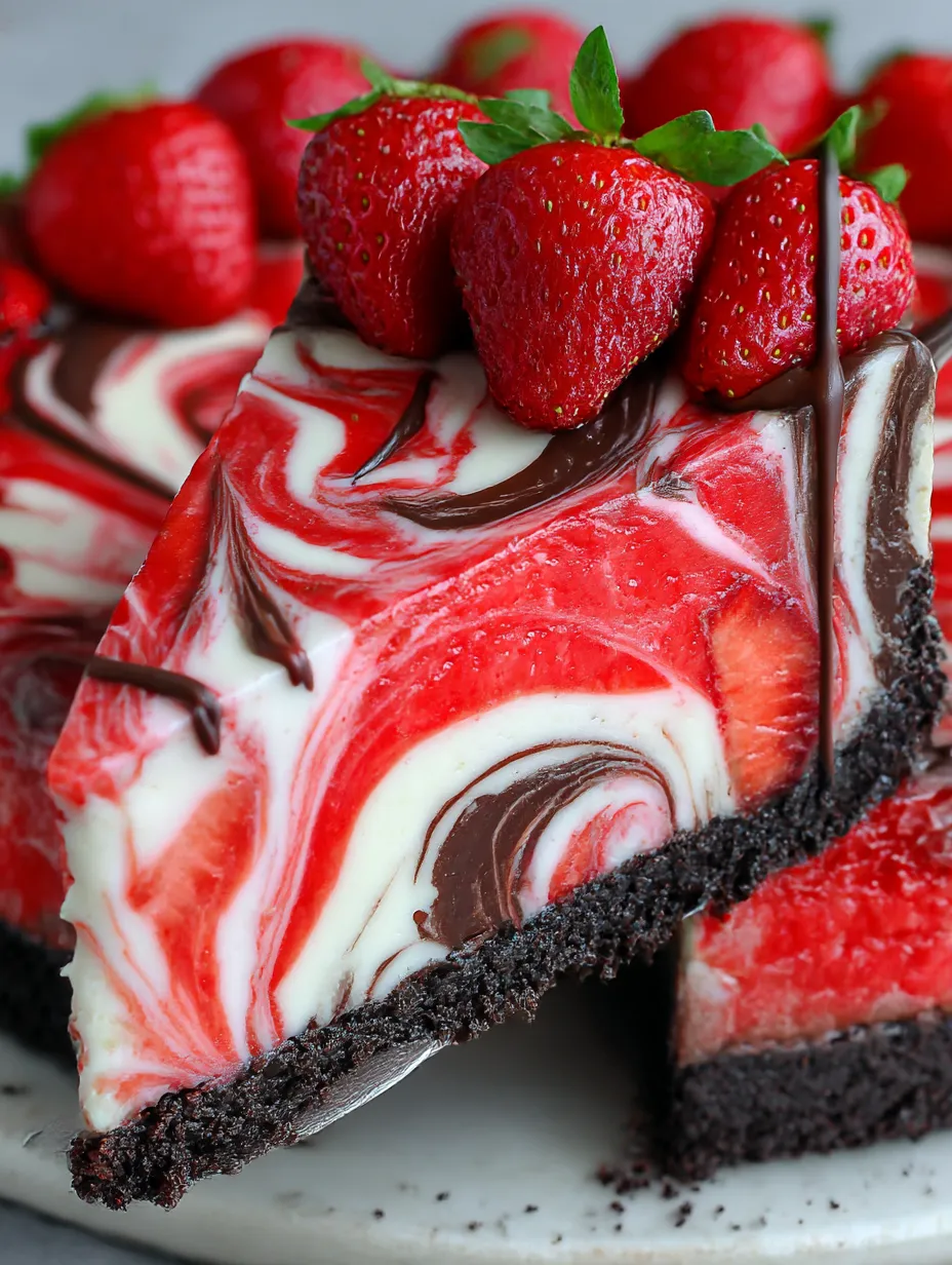 A slice of chocolate strawberry swirl cheesecake.