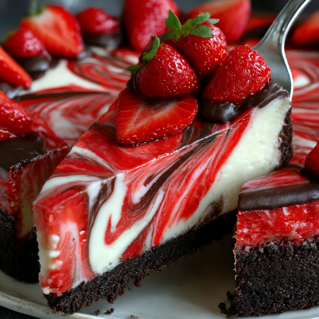 A slice of chocolate strawberry swirl cheesecake.