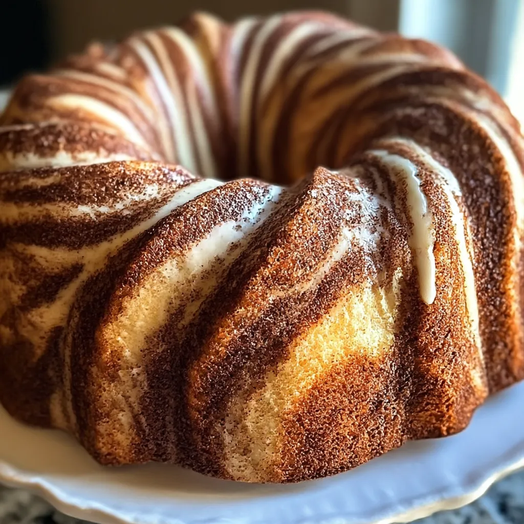 A cinnamon swirl bundt cake on a plate.