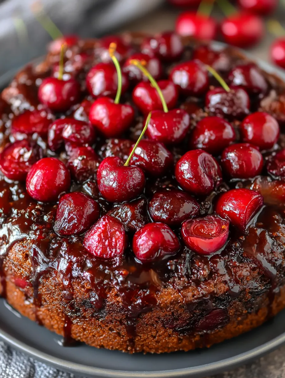 A chocolate cherry upside down cake with cherries on top.