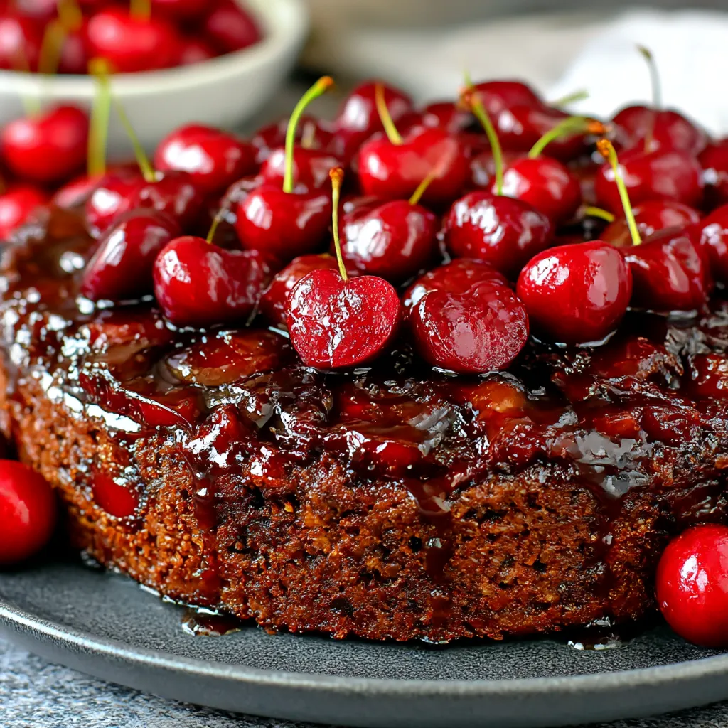 A chocolate cherry upside down cake with cherries on top.
