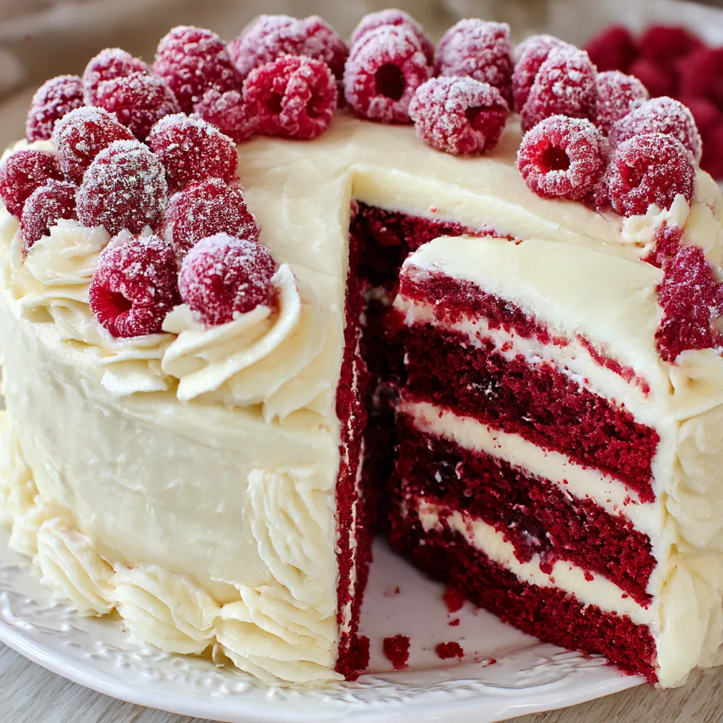 A slice of white chocolate raspberry cake.