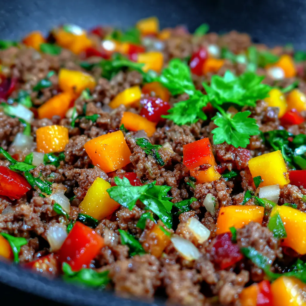 A colorful stir fry with ground beef and various vegetables.