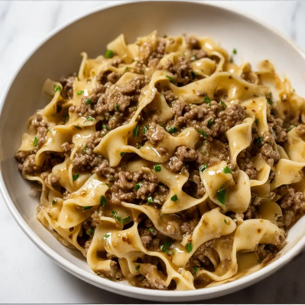 A bowl of beef and noodles.