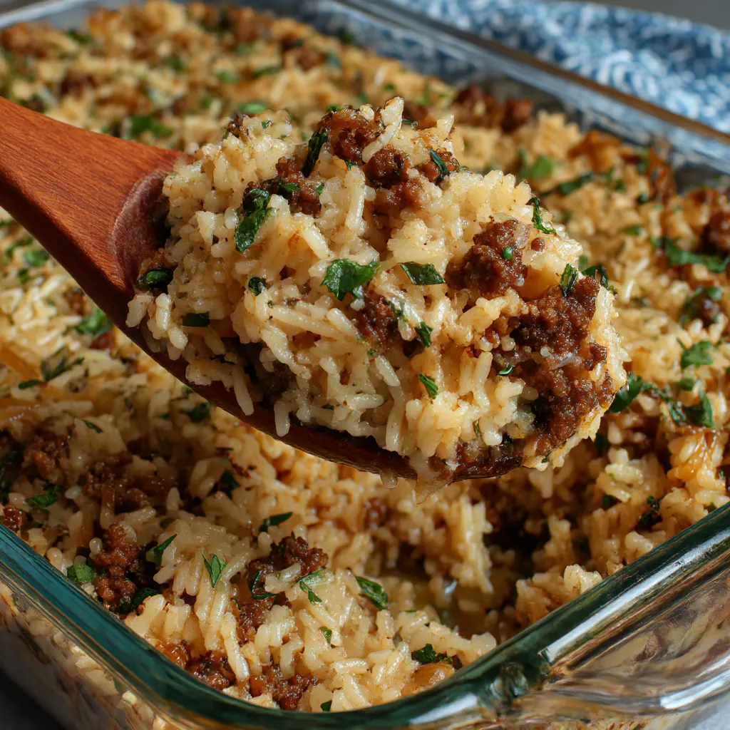 A wooden spoon is being used to scoop food from a casserole dish.