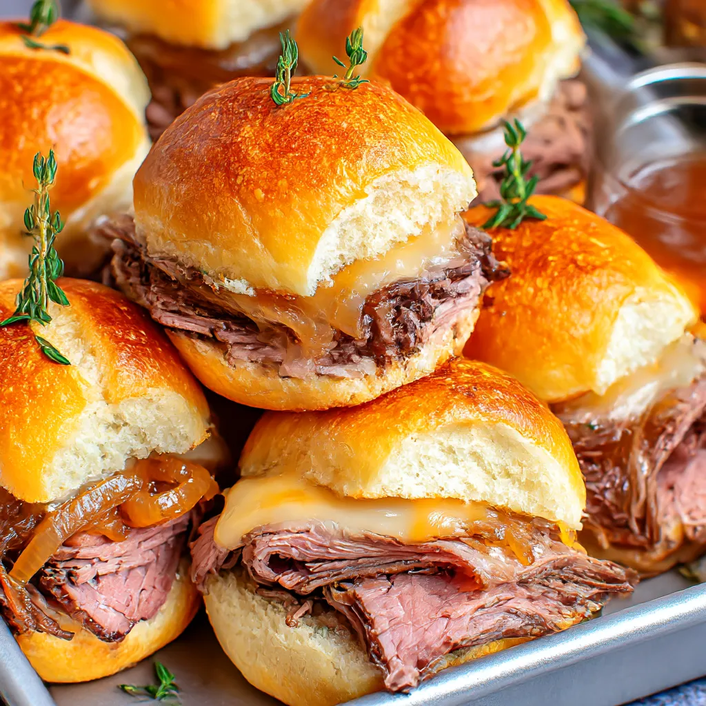 A tray of French dip sliders with cheese.