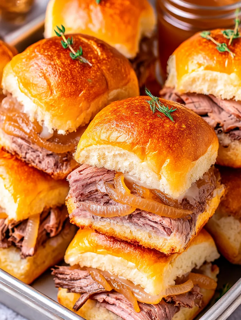 French dip sliders with onions and herbs.