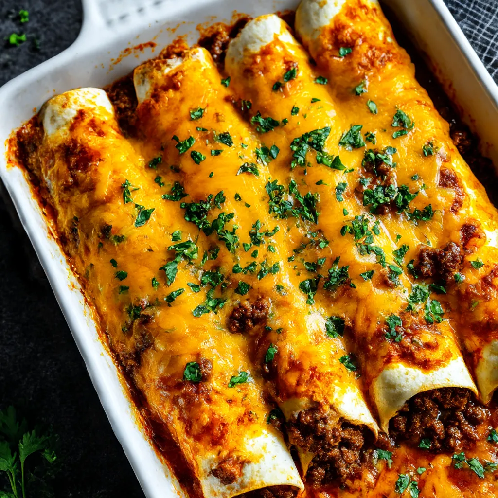 A dish of beef enchiladas.
