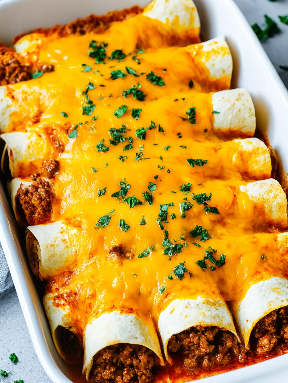 A dish of beef enchiladas with cheese and green onions.