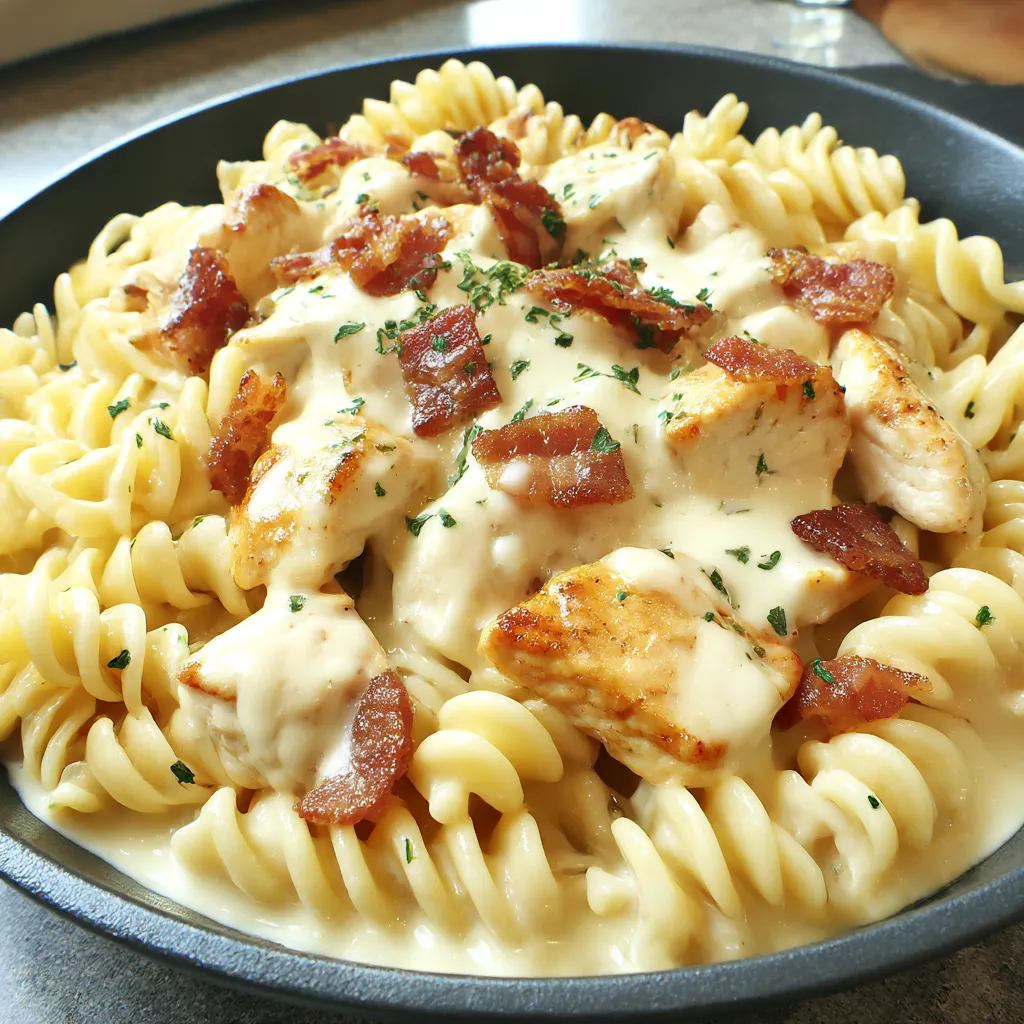A bowl of chicken bacon ranch pasta.