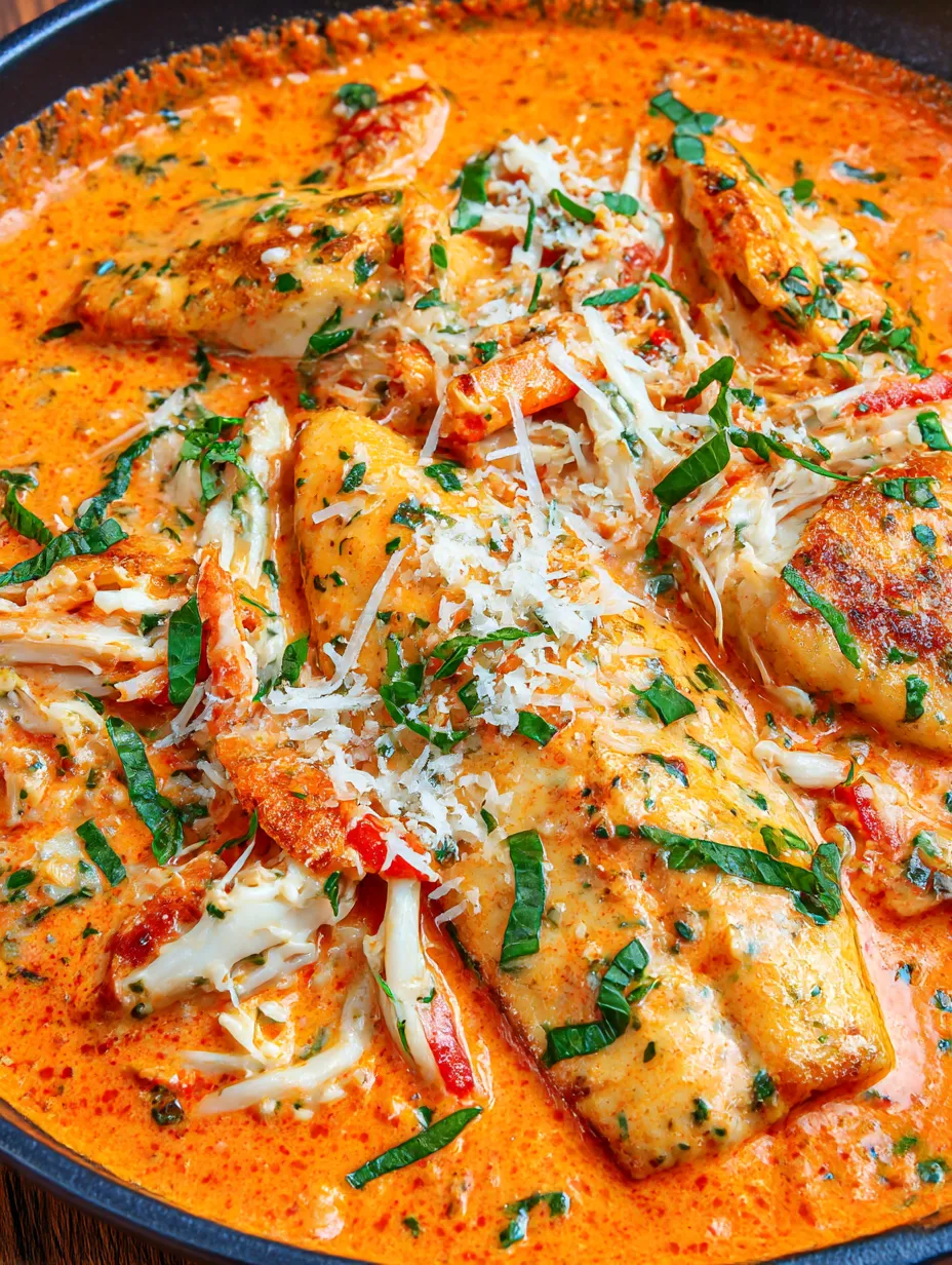 A dish of tilapia in roasted pepper sauce.