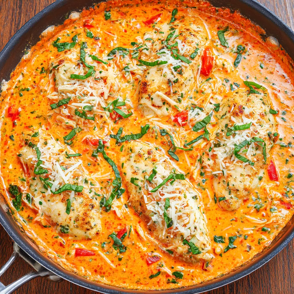 A pan of chicken in a red sauce.