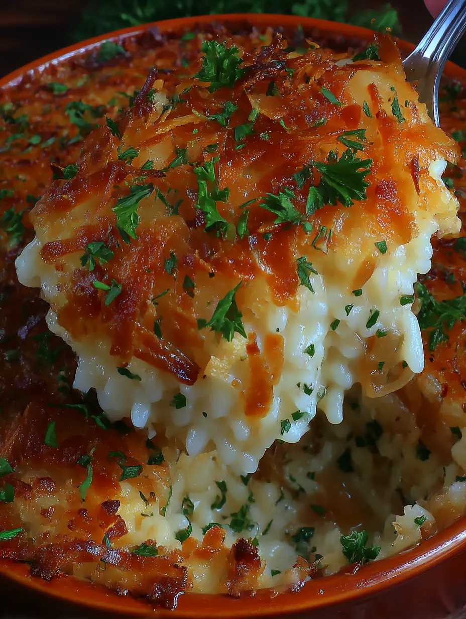 A close up of a bowl of French Onion Soup Rice.