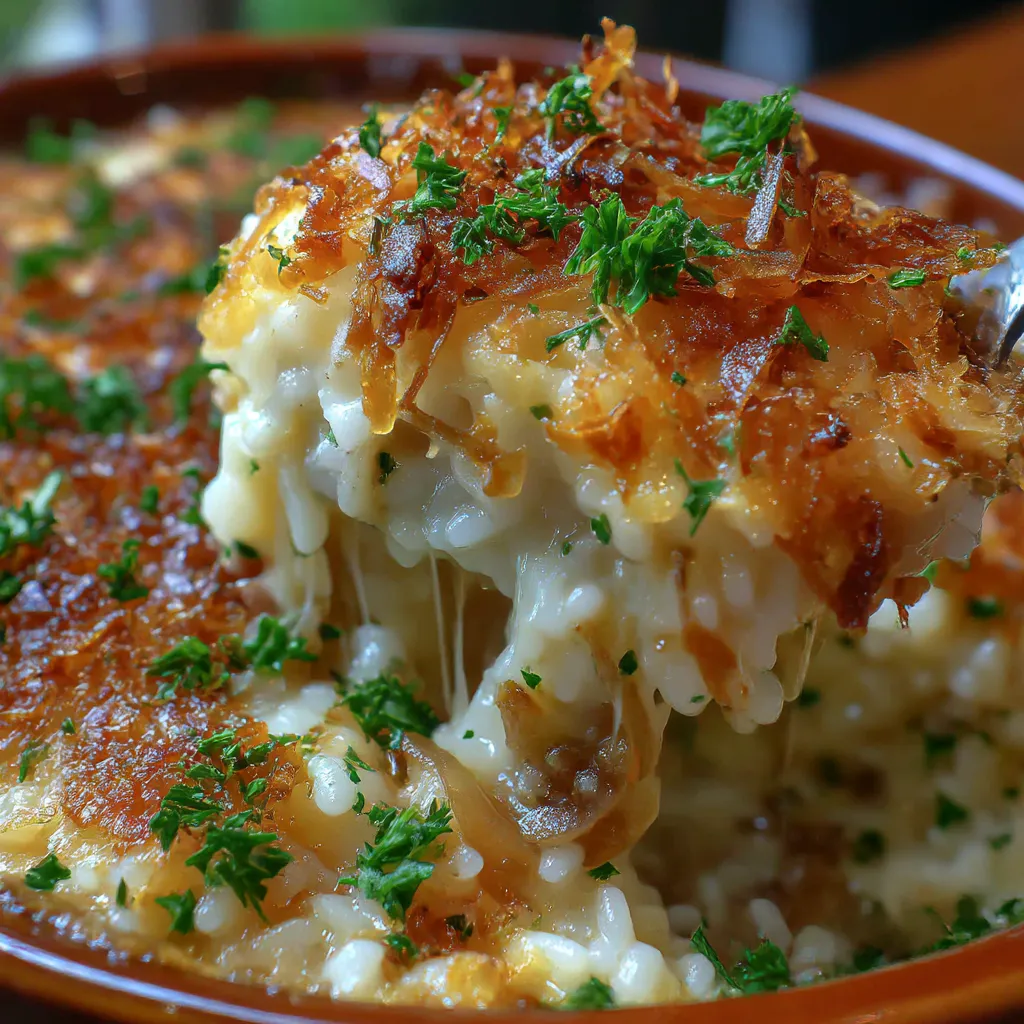 A bowl of French onion soup with rice.