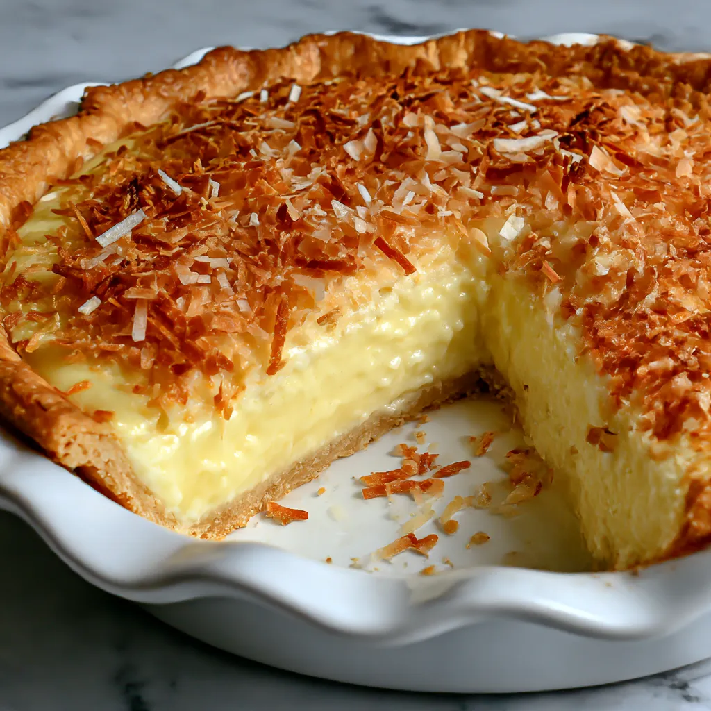 A slice of pie with coconut on top.
