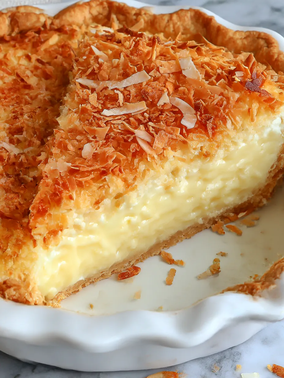 A slice of pie with coconut on top.