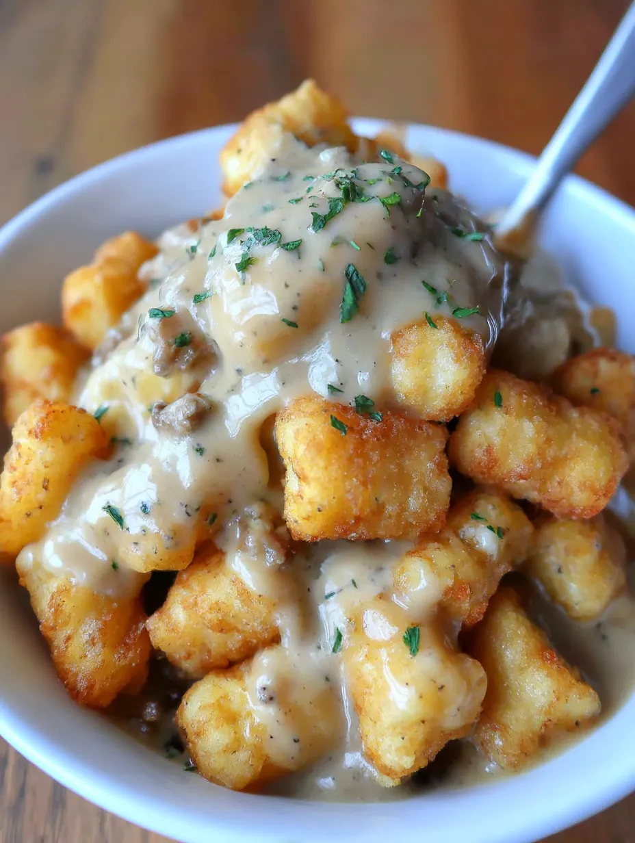 A bowl of tater tots with gravy.