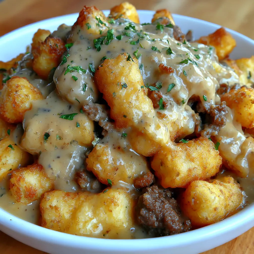 A bowl of tater tots with sausage gravy.