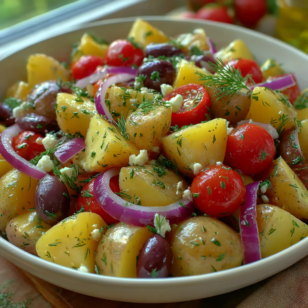A white bowl filled with a Greek potato salad.