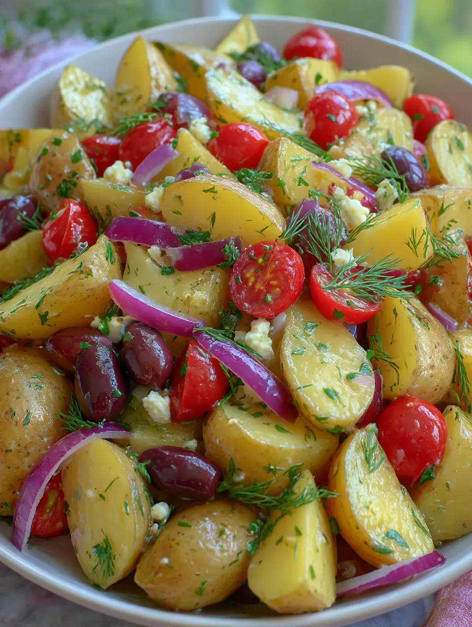 A Greek potato salad with various vegetables and herbs.