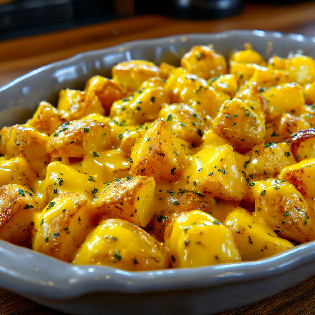 A bowl of cheesy ranch oven roasted potatoes.