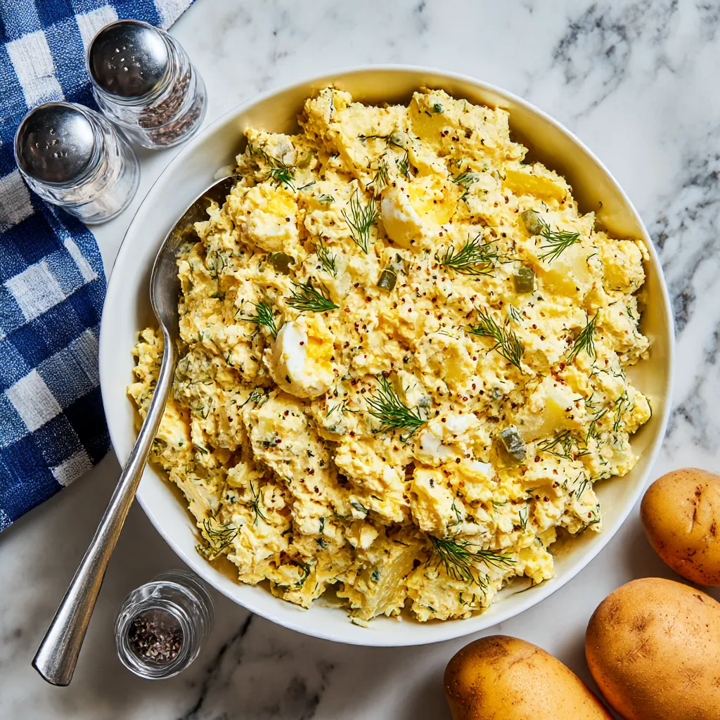 A bowl of potato salad with a fork and salt and pepper shakers.