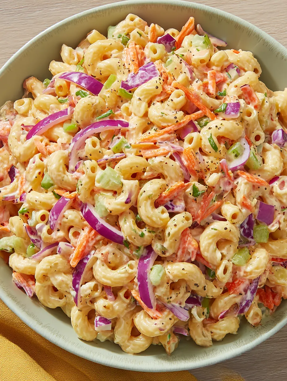 A bowl of macaroni salad with carrots and onions.