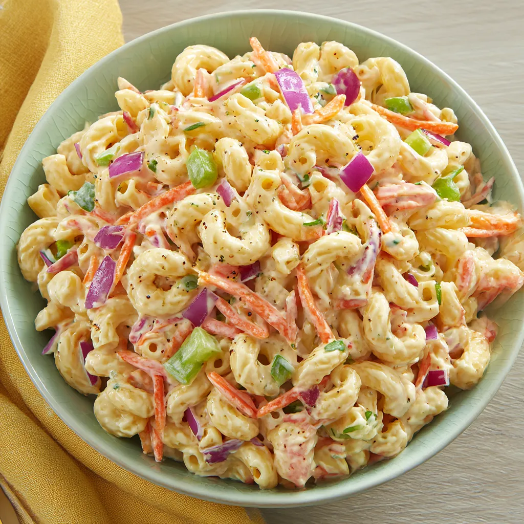 A bowl of macaroni salad with carrots and peppers.