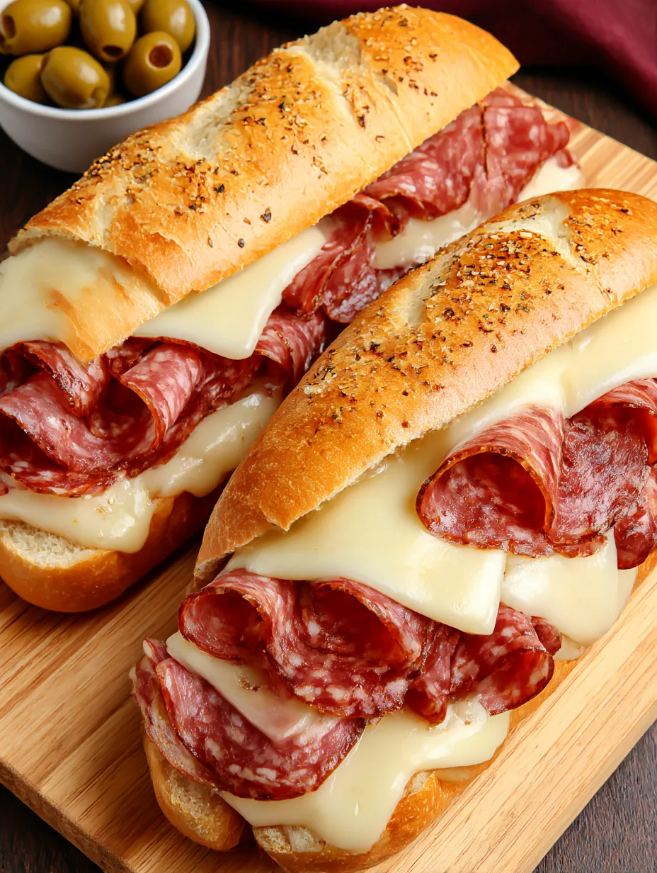 Two baked Italian sub sandwiches with meat and cheese.