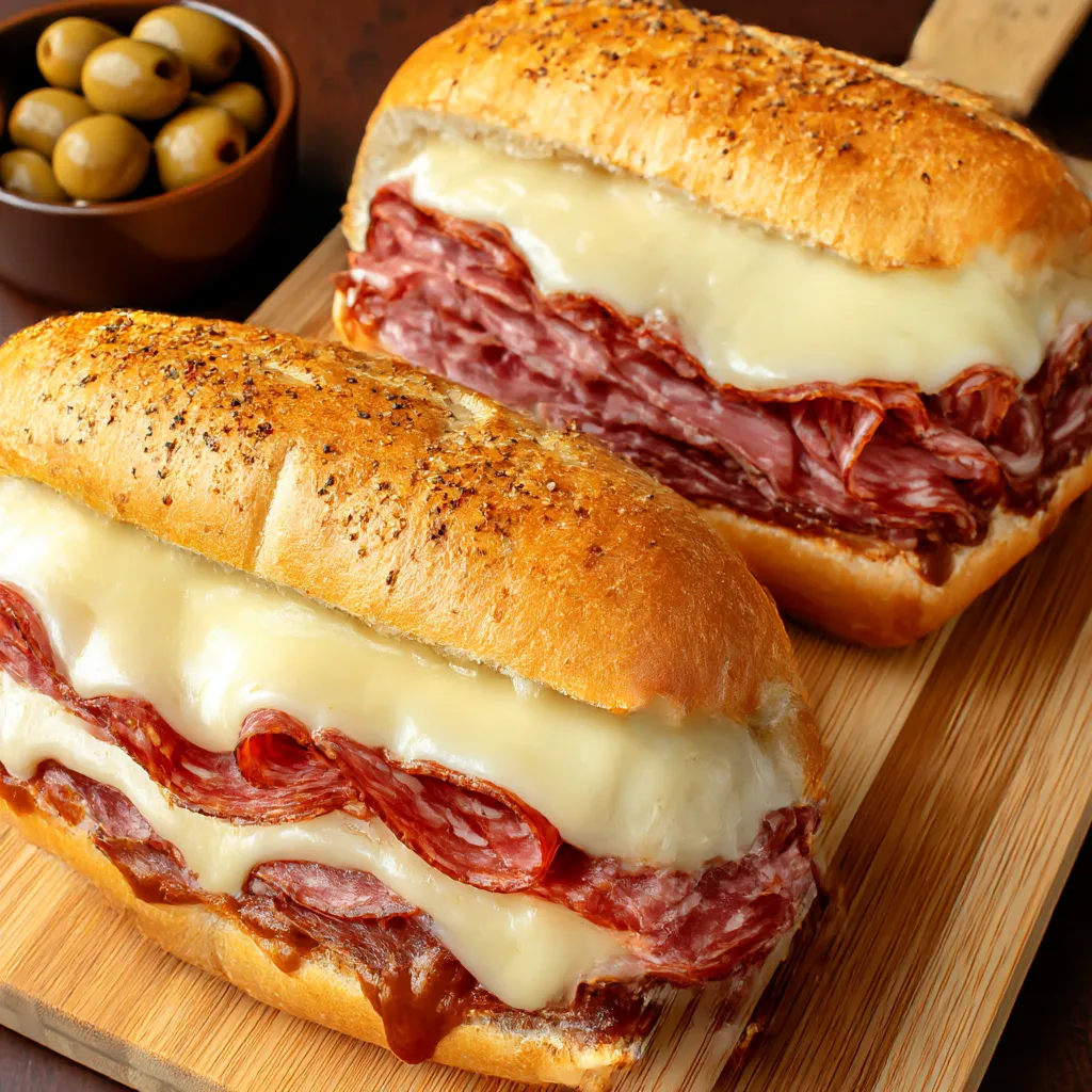 Two baked Italian sub sandwiches with cheese and meat.