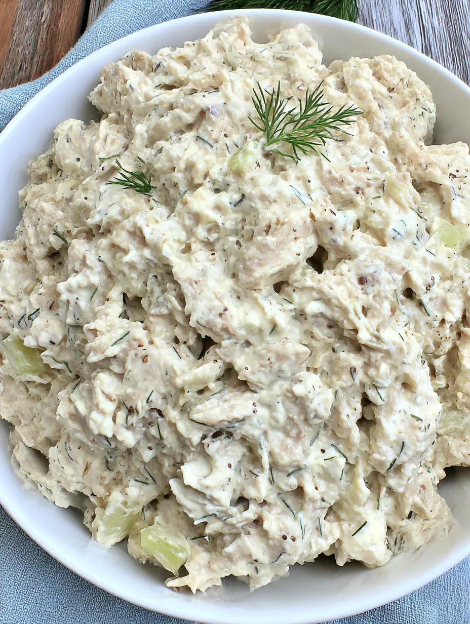 A bowl of tuna salad with a sprig of parsley on top.