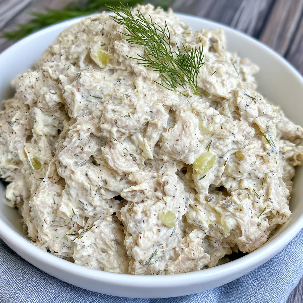 A bowl of tuna salad with a sprig of parsley on top.