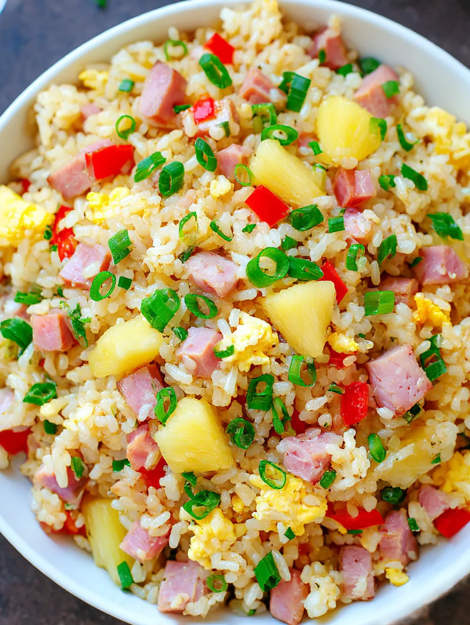 A bowl of rice with ham and pineapple.
