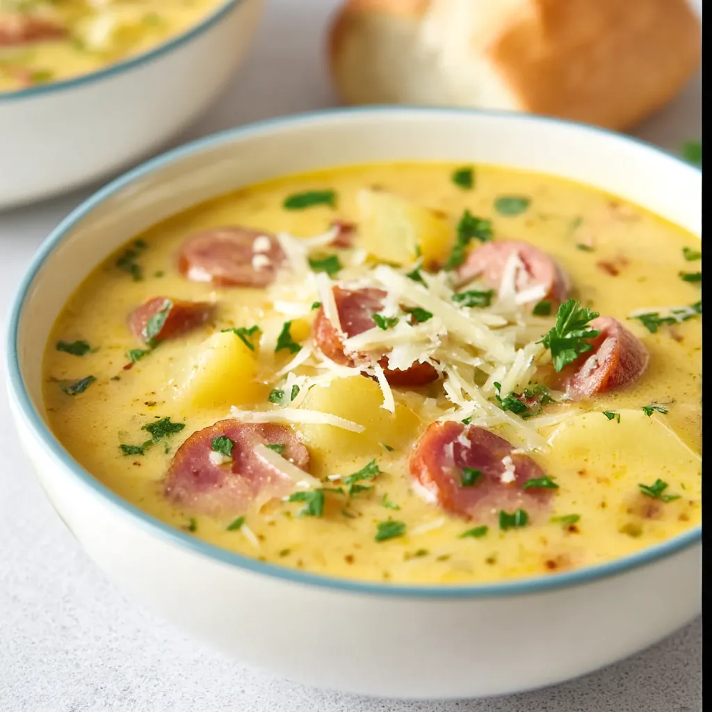 A bowl of soup with sausage and potatoes.