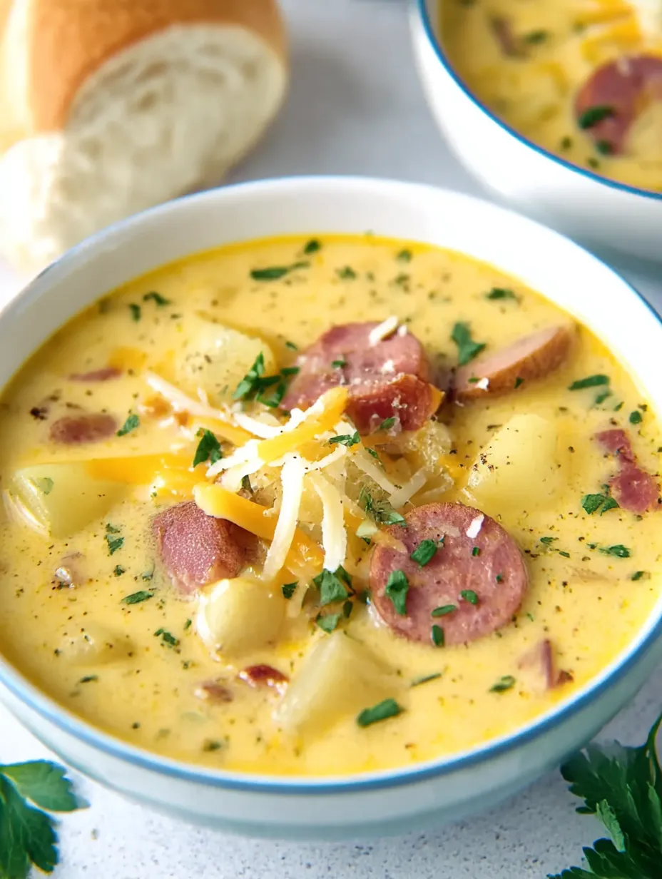 A bowl of soup with a sausage in it.