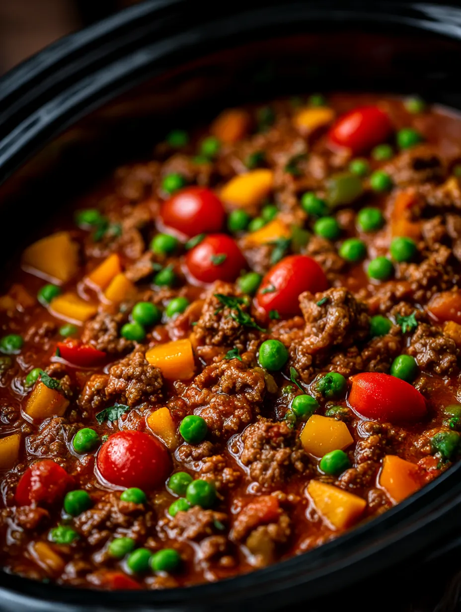 A pot of beef stew with tomatoes, peas, and carrots.