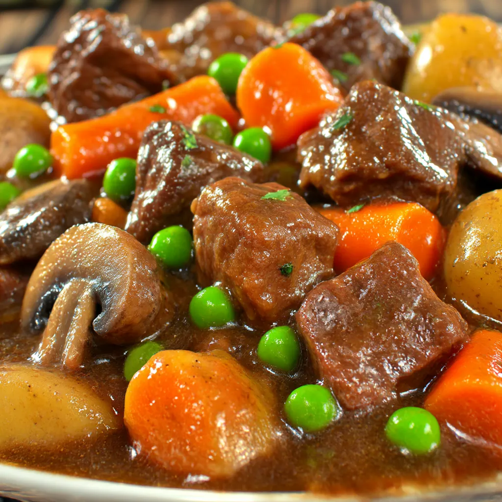 A close up of a slow cooker beef stew.