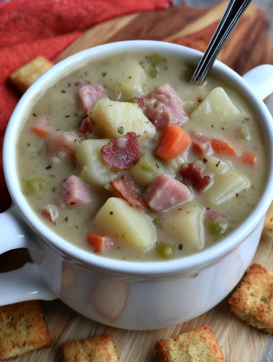 A bowl of creamy ham and potato soup.