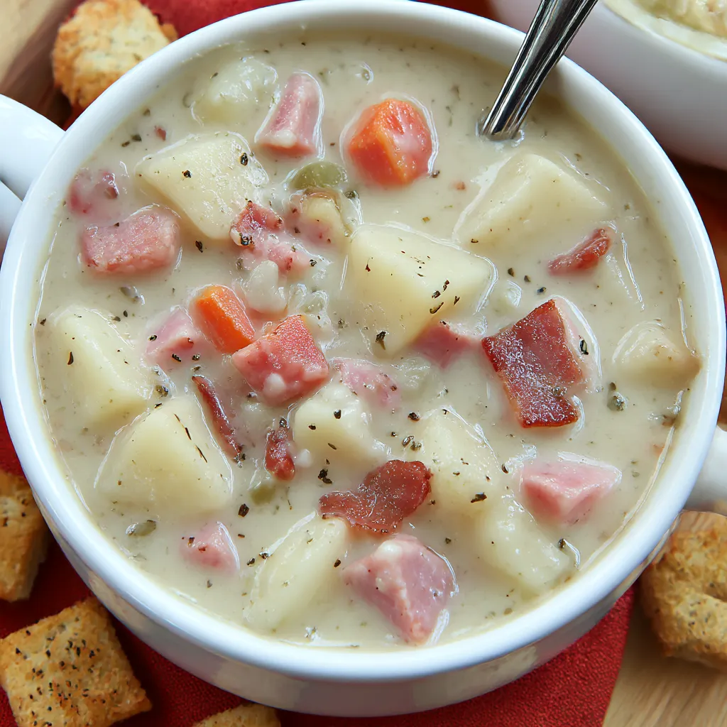 A bowl of creamy ham and potato soup.