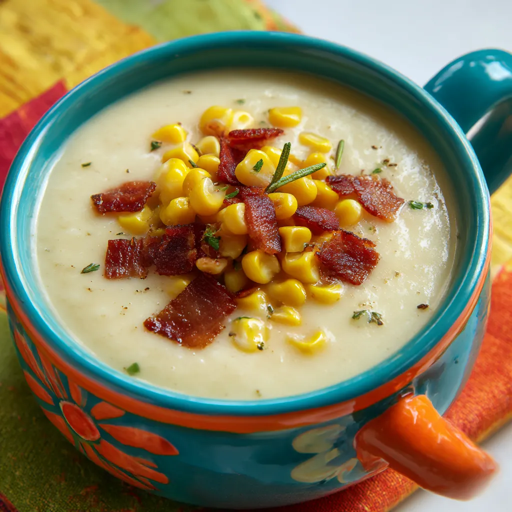 A bowl of soup with corn and bacon.